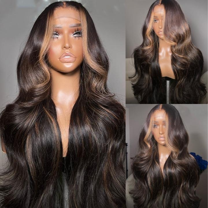 Lumma - Money Piece Brown Body Wave Human Hair Lace Wig | Transparent Lace Front | Glueless Skunk Stripe