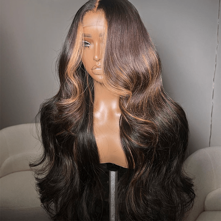 Lumma - Money Piece Brown Body Wave Human Hair Lace Wig | Transparent Lace Front | Glueless Skunk Stripe