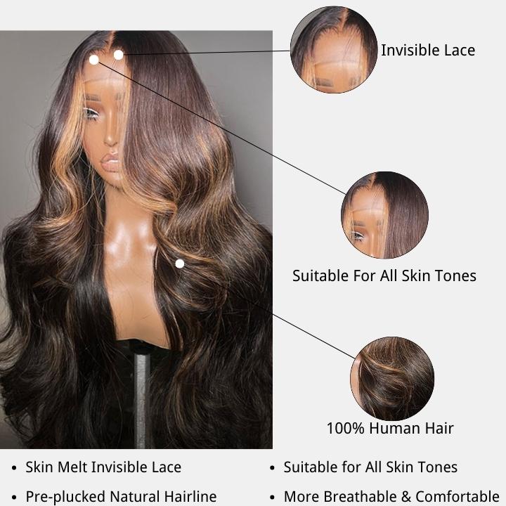 Lumma - Money Piece Brown Body Wave Human Hair Lace Wig | Transparent Lace Front | Glueless Skunk Stripe