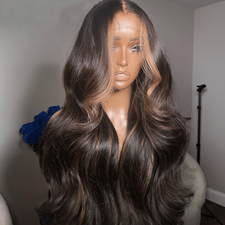 Lumma - Money Piece Brown Body Wave Human Hair Lace Wig | Transparent Lace Front | Glueless Skunk Stripe